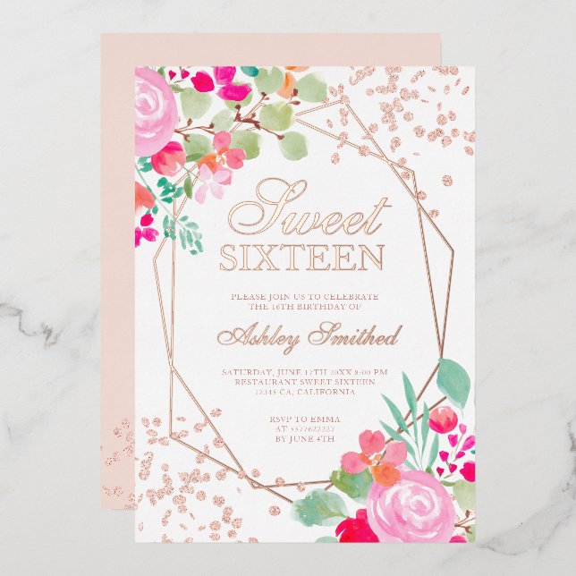 Rose Gold glitter pink floral watercolor Sweet 16 (Front/Back)