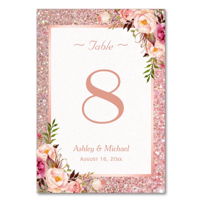 Rose Gold Glitter Pink Floral Wedding Table Number (Front)