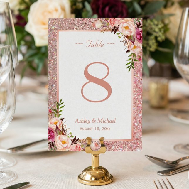 Rose Gold Glitter Pink Floral Wedding Table Number (Creator Uploaded)