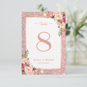 Rose Gold Glitter Pink Floral Wedding Table Number