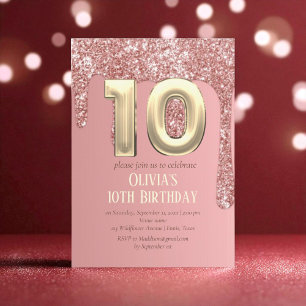 Rose Gold Glitter Pink Girl Girly 10th Birthday  Invitation