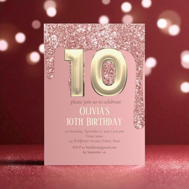 Rose Gold Glitter Pink Girl Girly 10th Birthday  Invitation (Creator Uploaded)