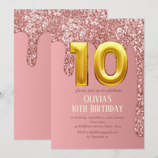 Rose Gold Glitter Pink Girl Girly 10th Birthday  Invitation (Front/Back)