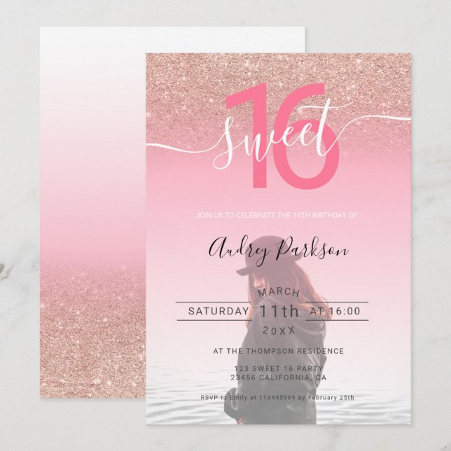 Rose gold glitter pink gradient photo sweet 16 invitation (Front/Back)