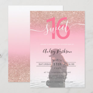 Rose gold glitter pink gradient photo sweet 16 invitation