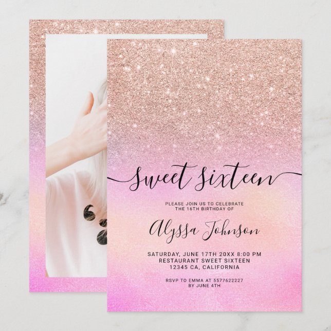 Rose gold glitter pink holographic photo sweet 16 invitation (Front/Back)