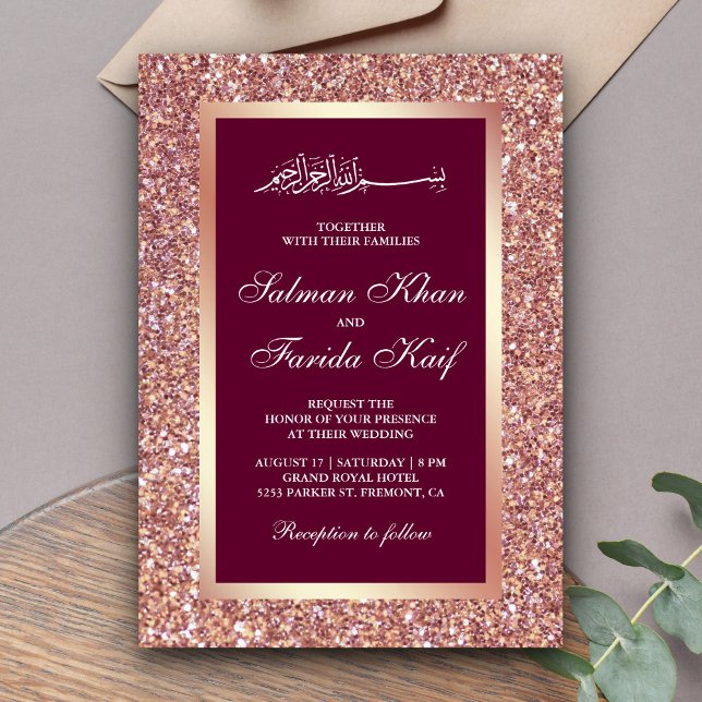 Rose Gold Glitter Pink Islamic Muslim Wedding Invitation (Creator Uploaded)