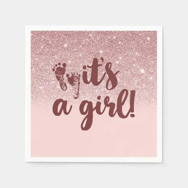 Rose Gold Glitter Pink It's A Girl Baby Shower Napkin (Front)