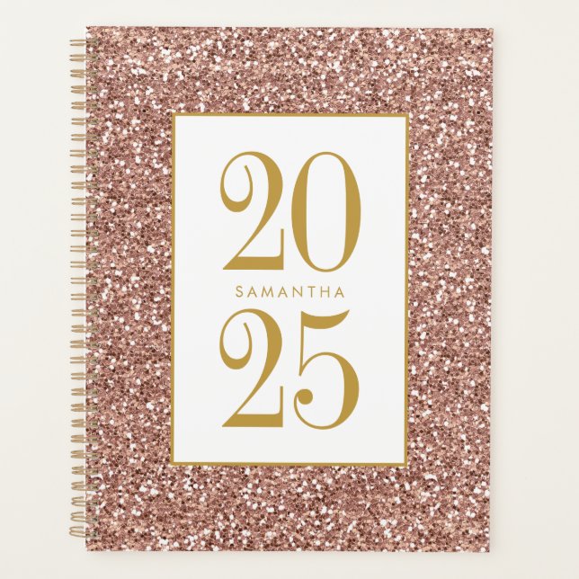 Rose Gold Glitter Pink Luxe Look Personalised 2025 Planner (Front)