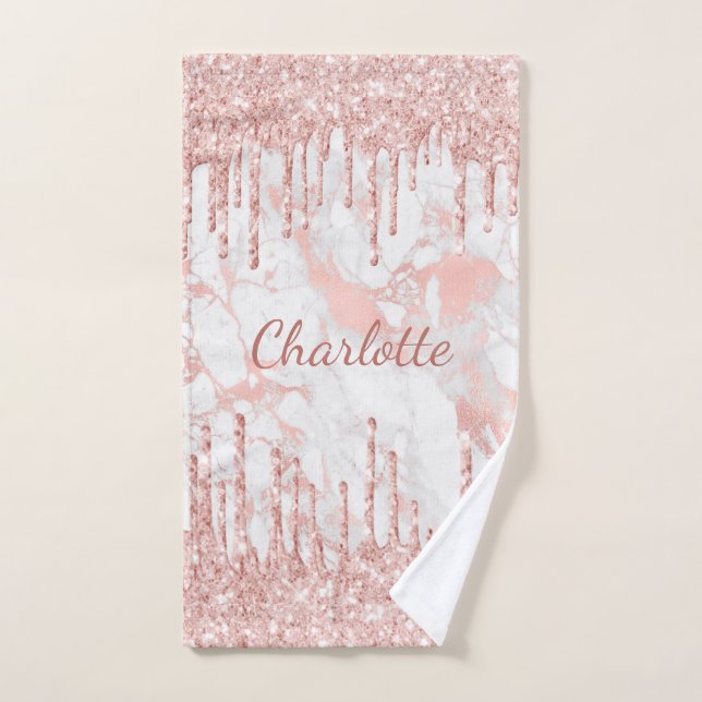 Rose gold glitter pink marble monogram name hand towel (Hand Towel)