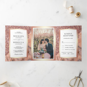 Rose Gold Glitter Pink Marble Photo Wedding Tri-Fold Invitation