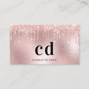 Rose gold glitter pink metallic monogram initial business card