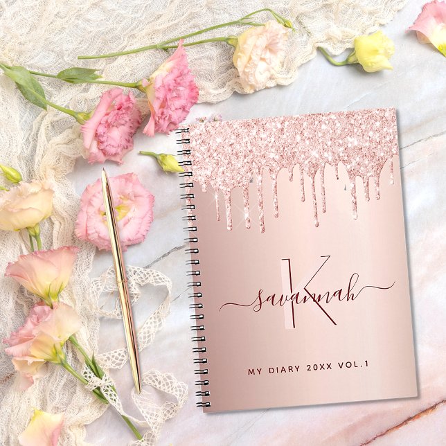 Rose gold glitter pink monogram script diary notebook (Creator Uploaded)