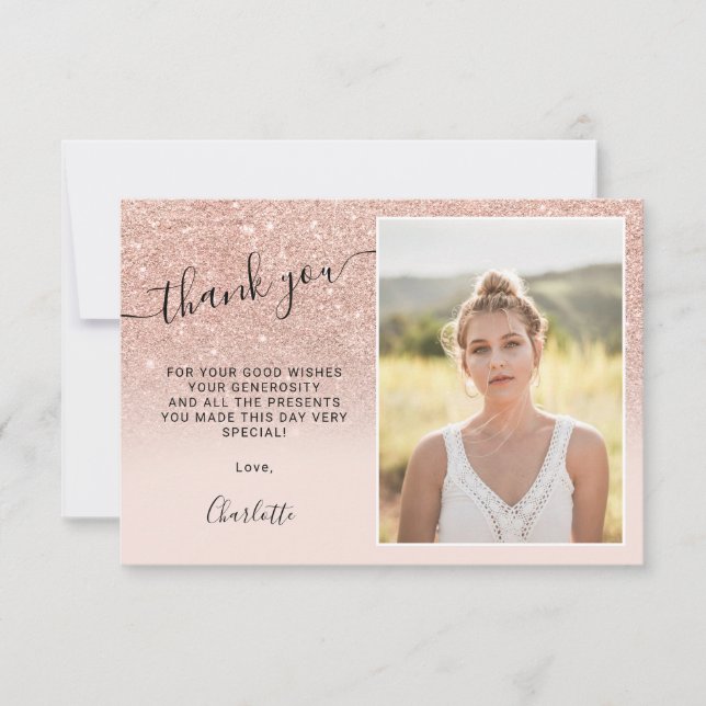 Rose gold glitter pink ombre 3 photos Sweet 16 Thank You Card (Front)