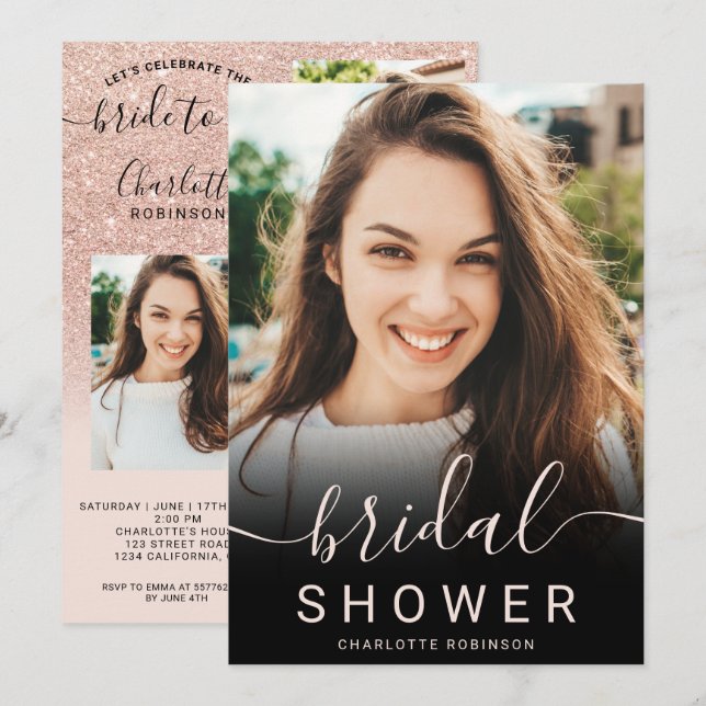 Rose gold glitter pink ombre 5 photo bridal shower invitation (Front/Back)