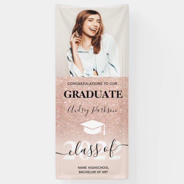 Rose gold glitter pink ombre photo graduation banner (Vertical)