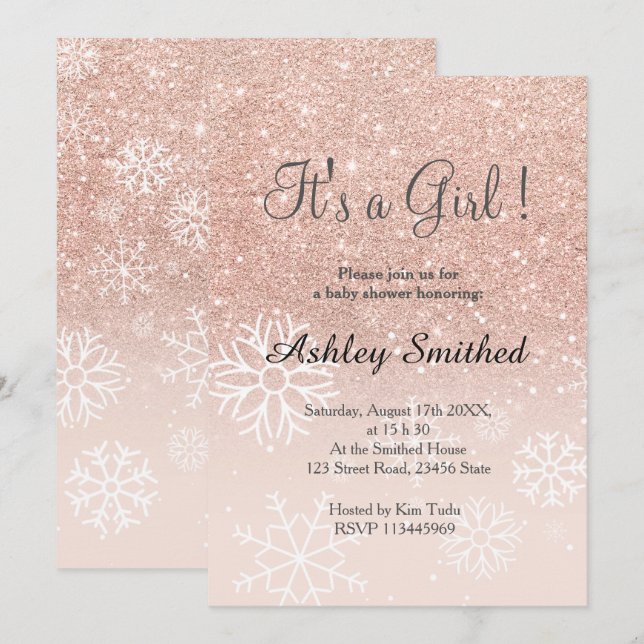 Rose gold glitter pink ombre snow girl baby shower invitation (Front/Back)