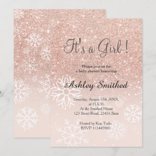 Rose gold glitter pink ombre snow girl baby shower invitation