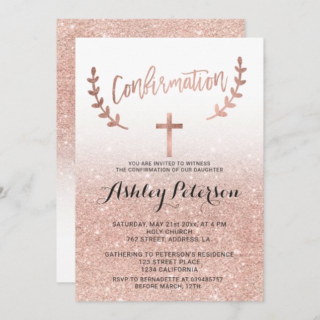 Rose gold glitter pink ombre white confirmation invitation (Front/Back)