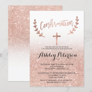Rose gold glitter pink ombre white confirmation invitation