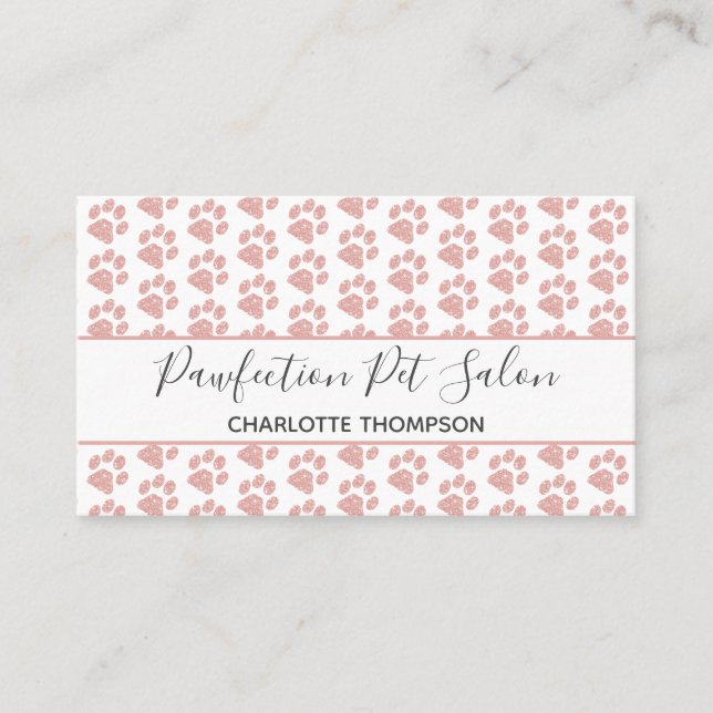 Rose Gold Glitter Pink Paw Prints Dog Grooming Business Card (Front)