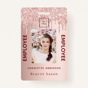 Rose gold glitter pink photo beauty salon employee ID badge