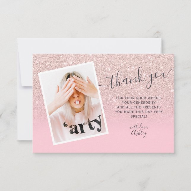 Rose gold glitter pink photo thank you Sweet 16 Card (Front)