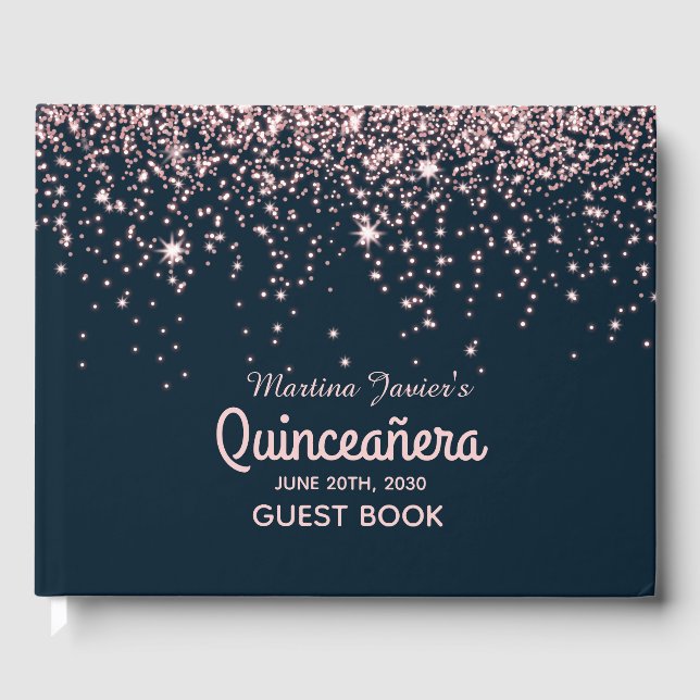 Rose Gold Glitter Pink Quinceañera 15th Birthday Guest Book (Front)