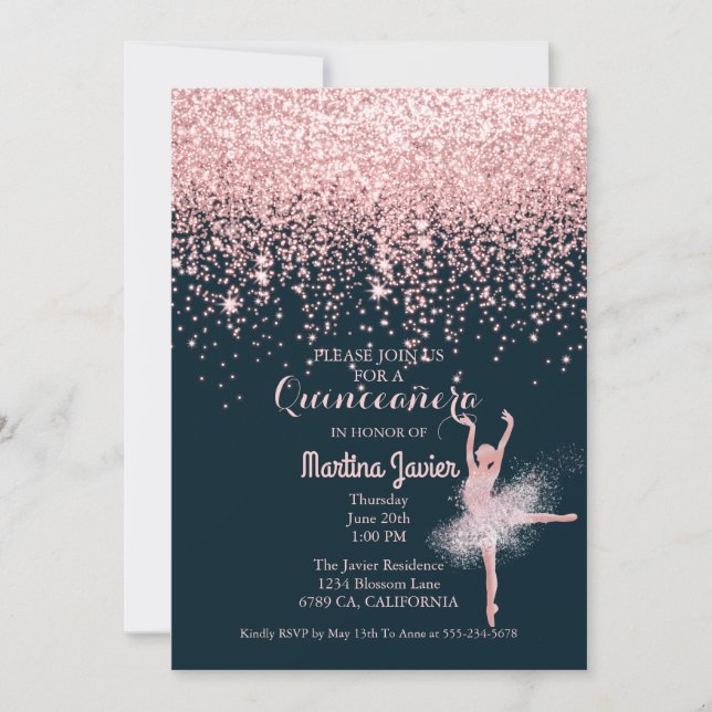Rose Gold Glitter Pink Quinceañera 15th Birthday Invitation (Front)