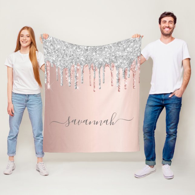 Rose gold glitter pink silver monogram sparkle fleece blanket (In Situ)