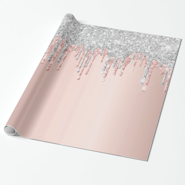 Rose gold glitter pink silver sparkle birthday wrapping paper (Unrolled)