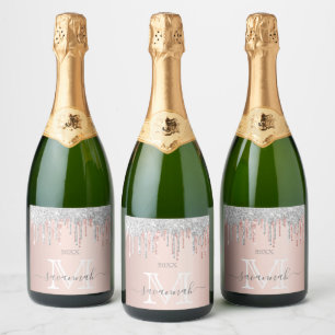 Rose gold glitter pink silver sparkle monogram sparkling wine label