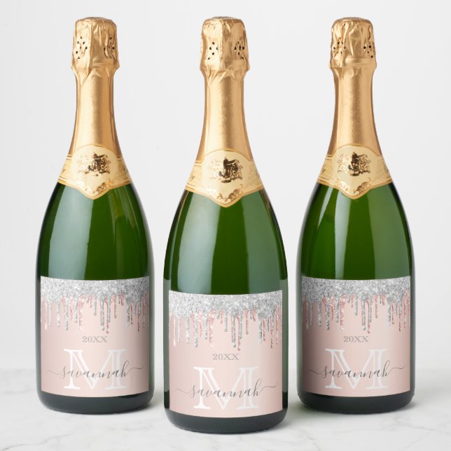 Rose gold glitter pink silver sparkle monogram sparkling wine label (Bottles)