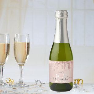 Rose gold glitter pink sparkle monogram glam sparkling wine label