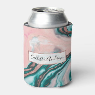 Rose Gold Glitter Pink Teal Swirly Painted Marble Can Cooler