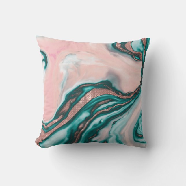 Rose Gold Glitter Pink Teal Swirly Painted Marble Cushion (Front)