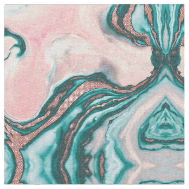 Rose Gold Glitter Pink Teal Swirly Painted Marble Fabric (Close Up)
