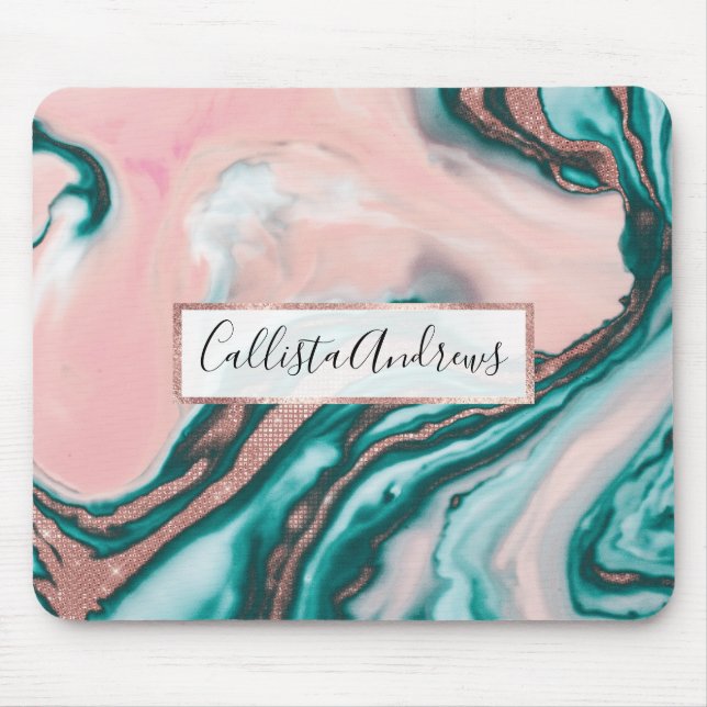 Rose Gold Glitter Pink Teal Swirly Painted Marble Mouse Mat (Front)