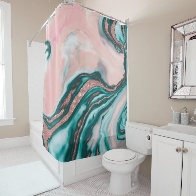 Rose Gold Glitter Pink Teal Swirly Painted Marble Shower Curtain (In Situ)