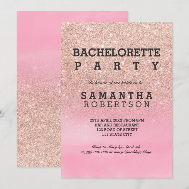 Rose gold glitter pink watercolor bachelorette invitation (Front/Back)