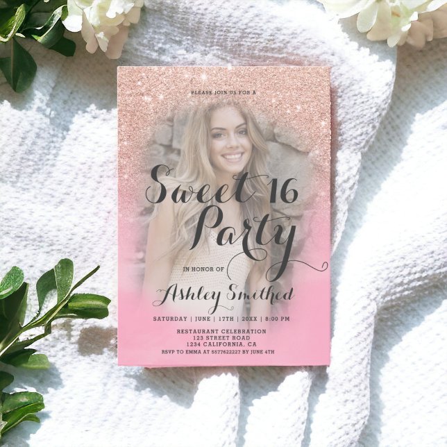 Rose gold glitter pink watercolor photo Sweet 16 Invitation (Rose gold glitter pink watercolor photo Sweet 16 Invitation)