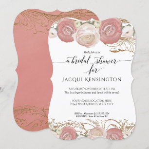 Rose Gold Glitter Pink White Floral Bridal Shower Invitation