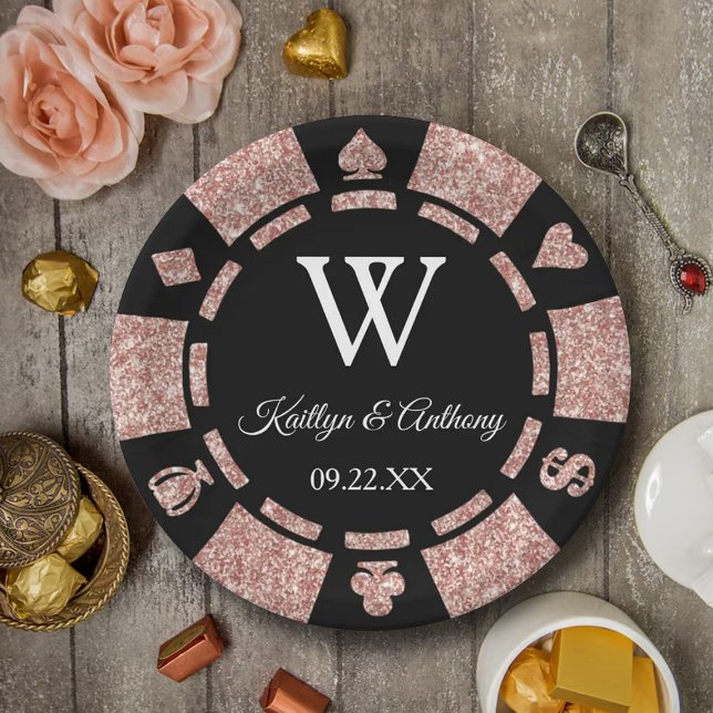 Rose Gold Glitter Poker Chip Casino Wedding Party Paper Plate (Creator Uploaded)