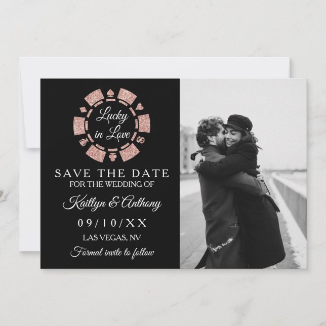 Rose Gold Glitter Poker Chip Casino Wedding Photo Save The Date (Front)