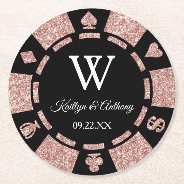 Rose Gold Glitter Poker Chip Casino Wedding Round Paper Coaster (Front)