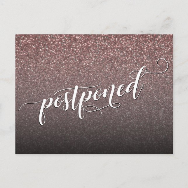 Rose Gold Glitter Postponed Wedding Announcement Postcard (Front)