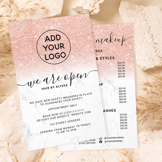 Rose gold glitter prices logo marble We're open Flyer (Creator Uploaded)