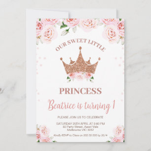 Rose Gold Glitter Princess Crown 1st Birthday Invitation