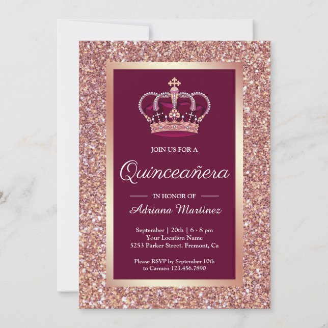 Rose Gold Glitter Princess Crown Pink Quinceanera Invitation (Front)