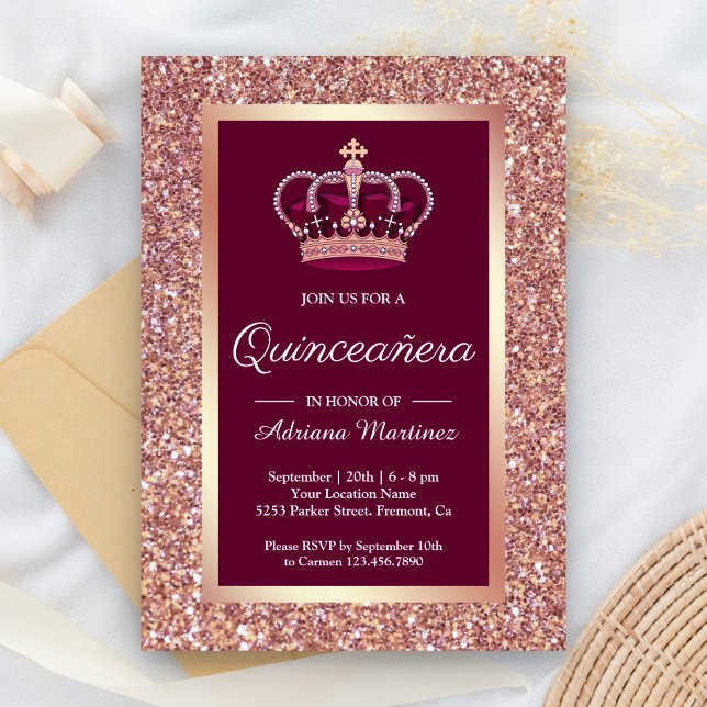Rose Gold Glitter Princess Crown Pink Quinceanera Invitation (Creator Uploaded)